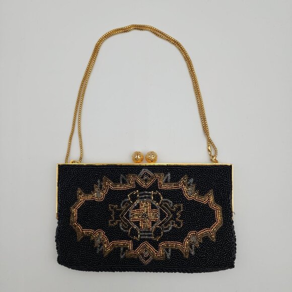 VTG Black & Gold Hand-Beaded Evening Bag Ornate Design & Chain Strap By Walborg - Picture 11 of 16